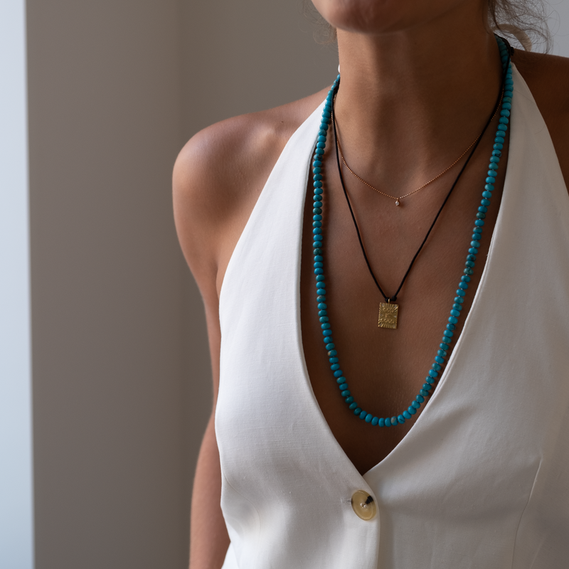 Long Turquoise necklace 14k gold knotted