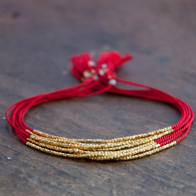 Delicate Gold on Red Silk friendship bracelet – Vivien Frank Designs