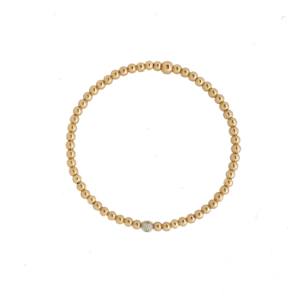 3mm Gold Bead Bracelet with Diamond Bead 14K Yellow Gold +$160 / 7